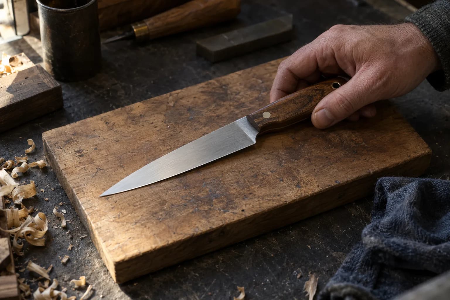 Plain full-flat knife with a wood handle on a worn board, one hand resting on the handle, broad bevel running spine to edge.