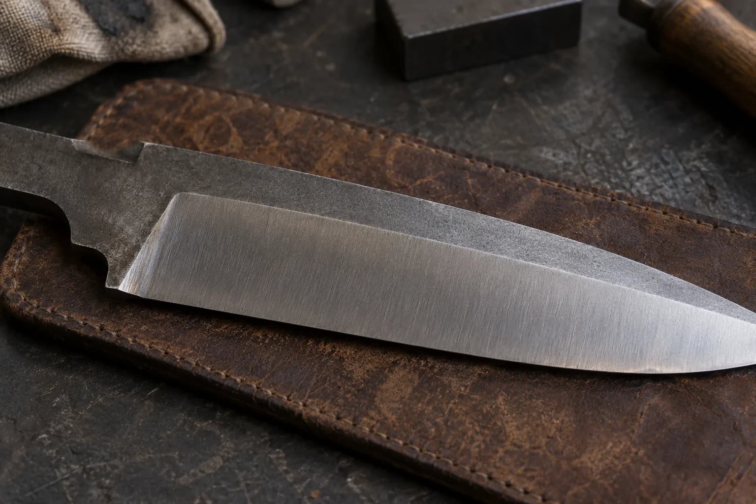 Saber-ground blade on a leather pad: rough unground strip along the spine above a flat bevel with a distinct shoulder line.