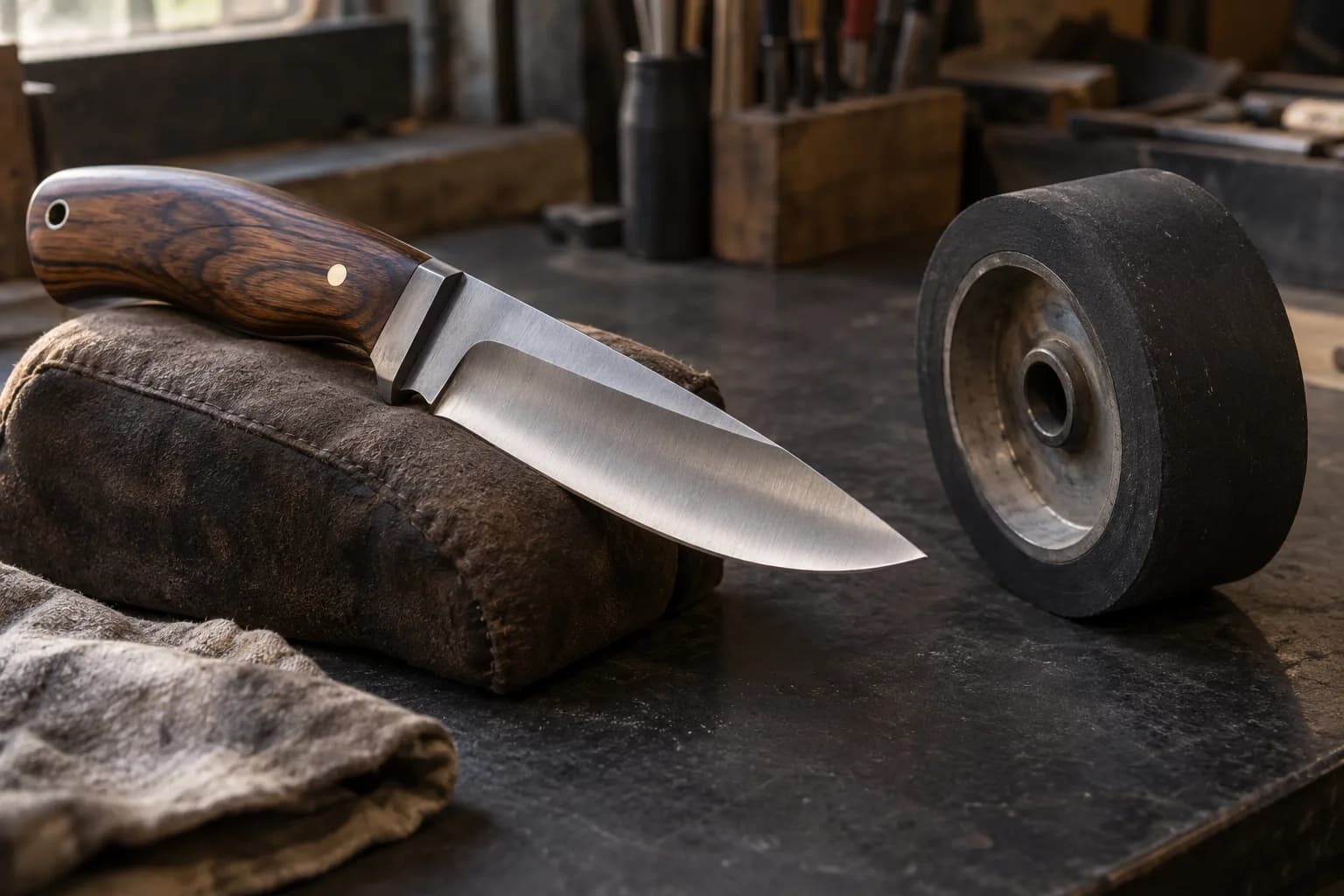 Hollow-ground hunting knife with a wood handle resting on a padded pouch beside a rubber contact wheel on a dark bench.
