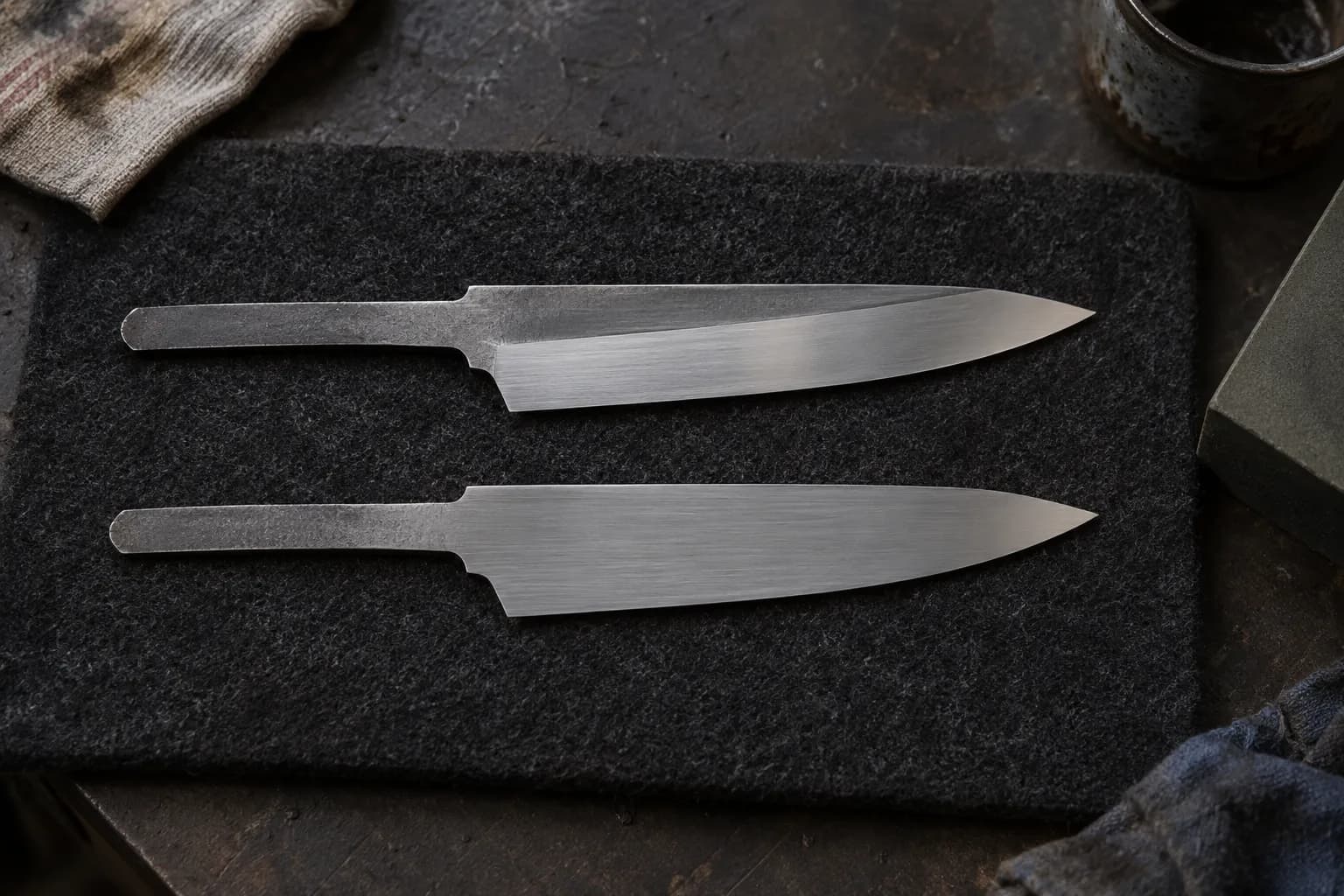 Two matching knife blanks on black felt, the upper with a broad single bevel and the lower with a flat reverse face.