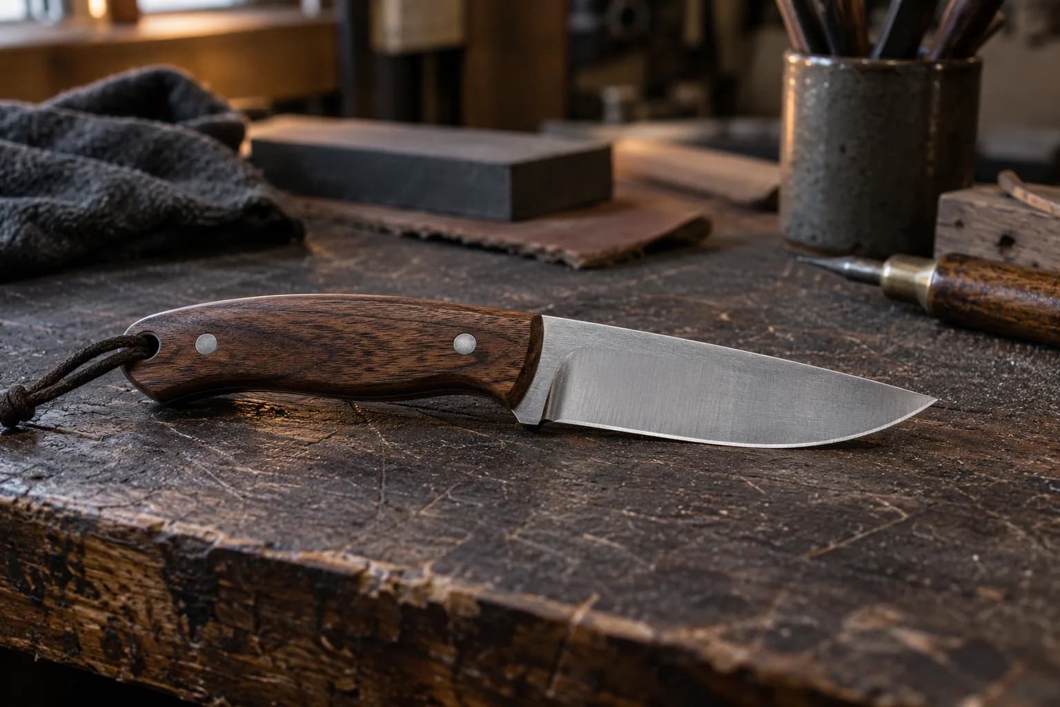 Drop-point fixed-blade knife with walnut handle, two pins and a lanyard, lying on a worn dark workbench