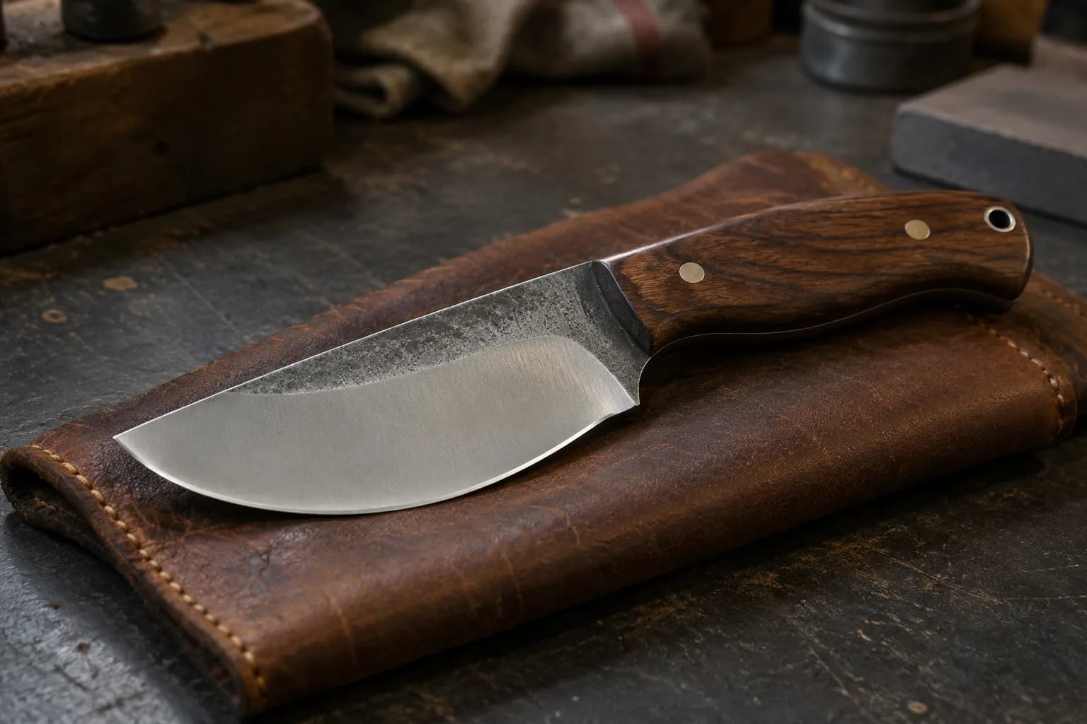 Wide-bellied skinner knife with a short low point and walnut handle resting diagonally on a worn leather pouch.