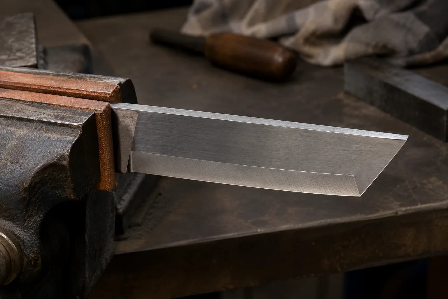 Tanto blade clamped in a leather-jawed vise, straight edge meeting an angled point edge at a sharp corner