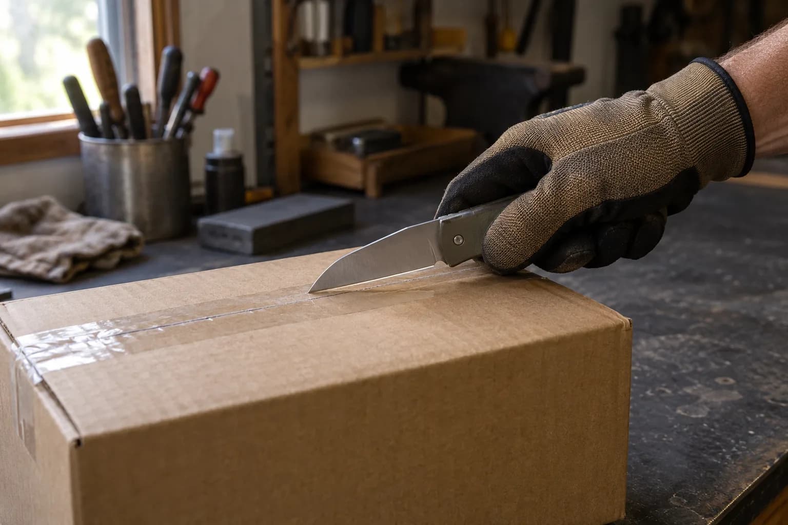 Gloved hand slicing through clear packing tape on a plain cardboard box with a small straight-edged knife.