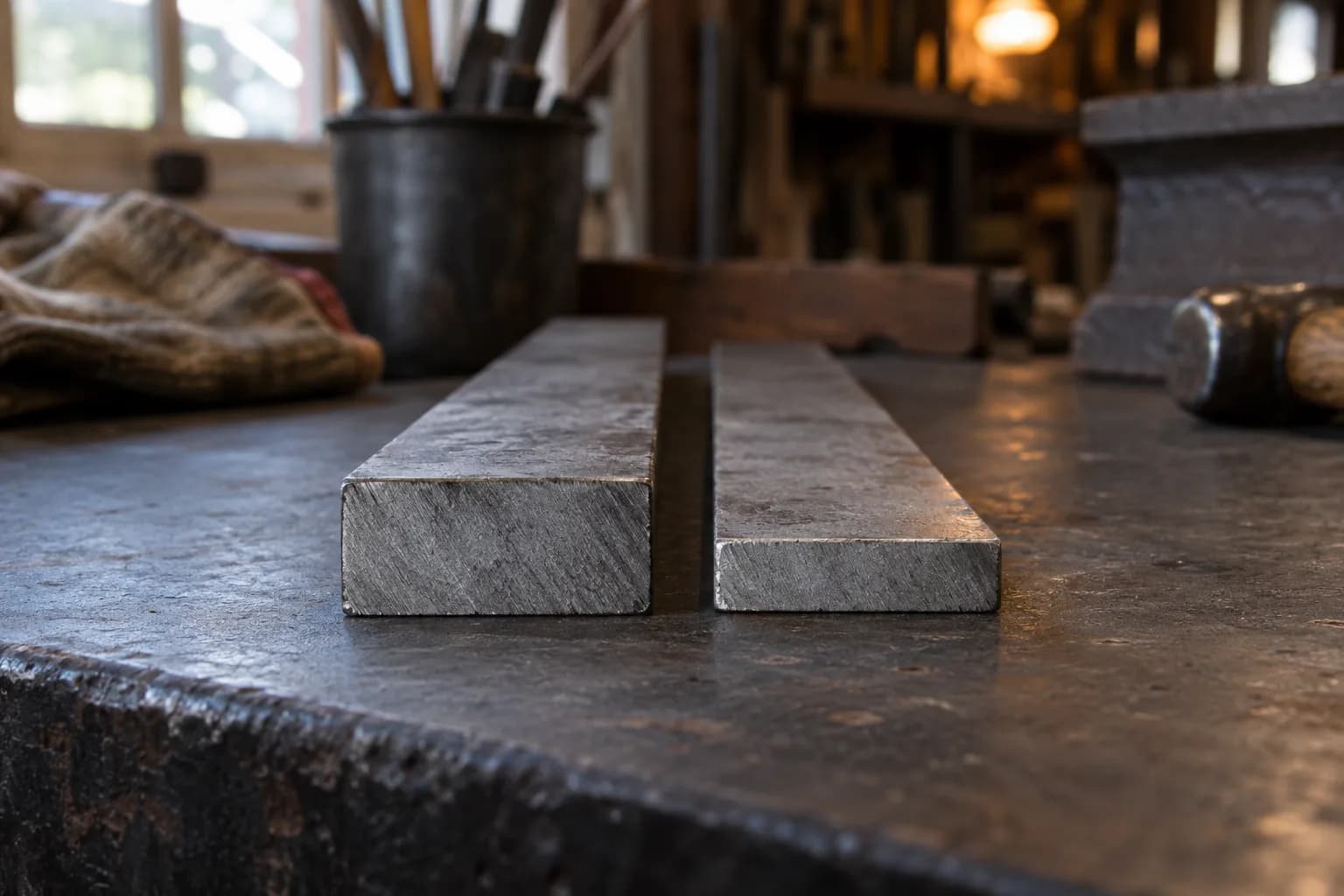 Two flat steel bars of equal width but different thickness lying side by side with their sawn ends toward the camera.