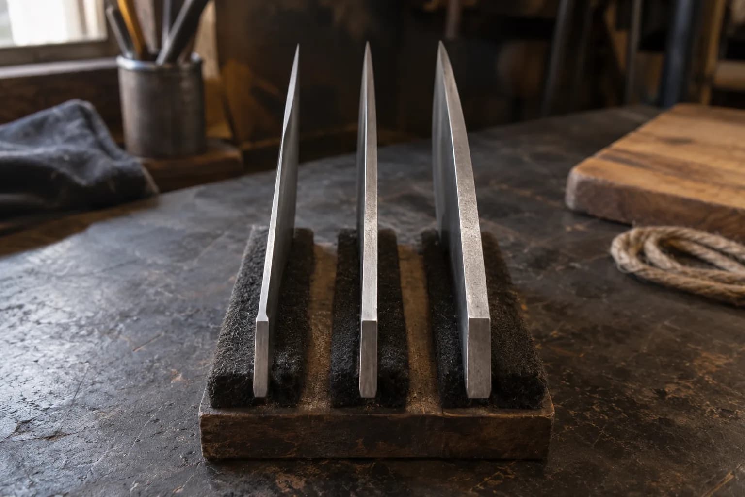 Three bare knife blades stand spine-down in felt slots, their spine ends stepping from thin to thick, on a worn shop bench.