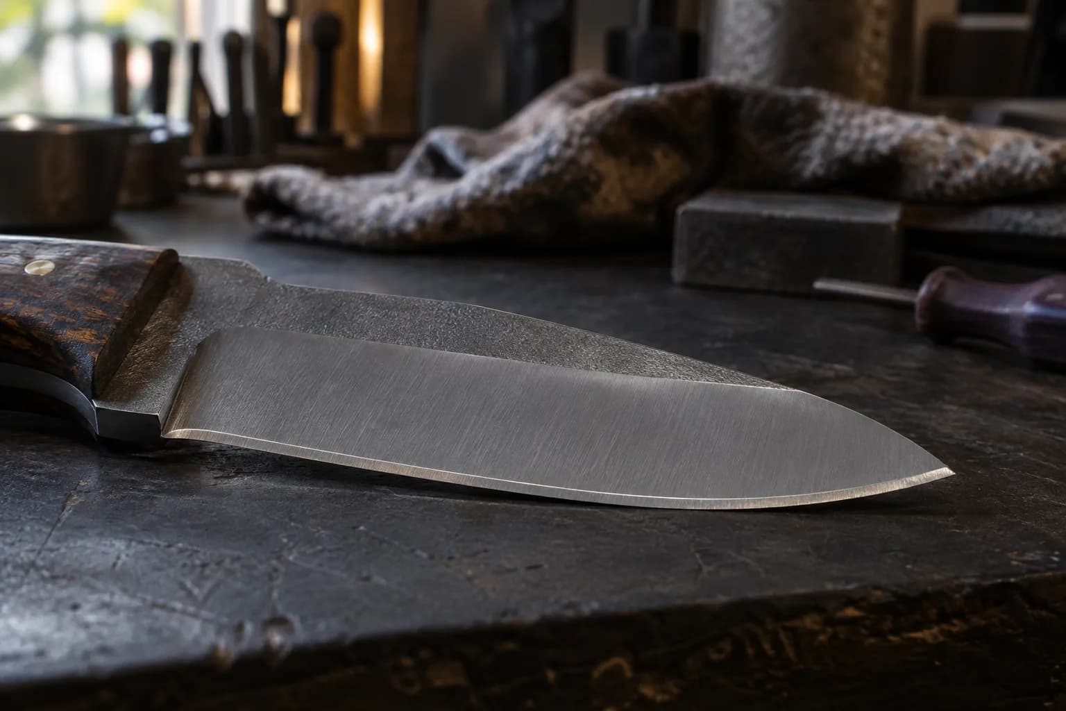 Thick-stock drop-point knife on its side, showing a forged spine band, a long flat grind and a thin bright edge bevel.