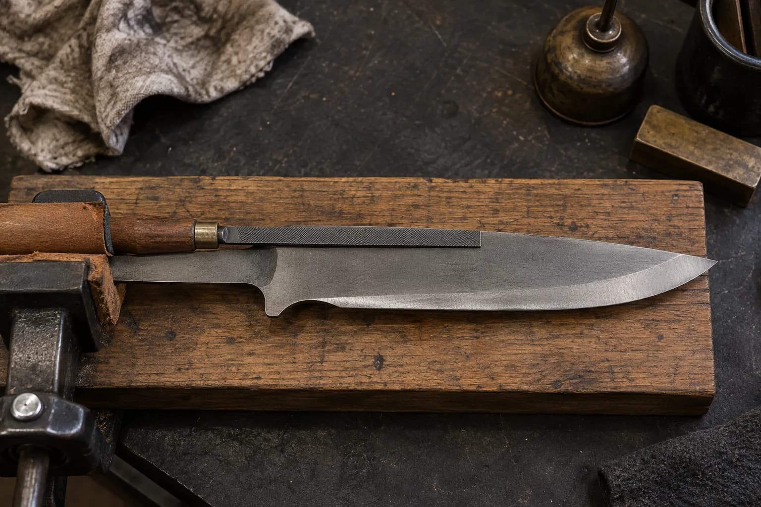 Fine file lying along the spine of a bevel-ground knife blank clamped at the tang on a worn wooden board
