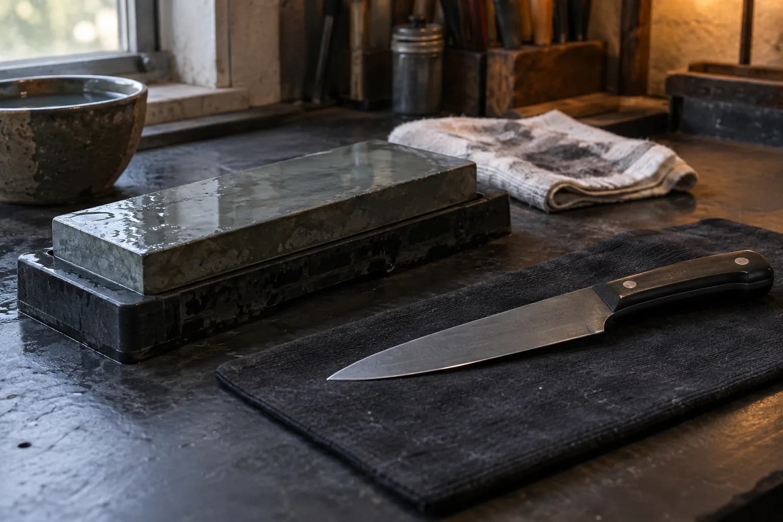 Utility knife lying on a dark pad beside a wet fine sharpening stone in a holder and a slurry-stained cloth