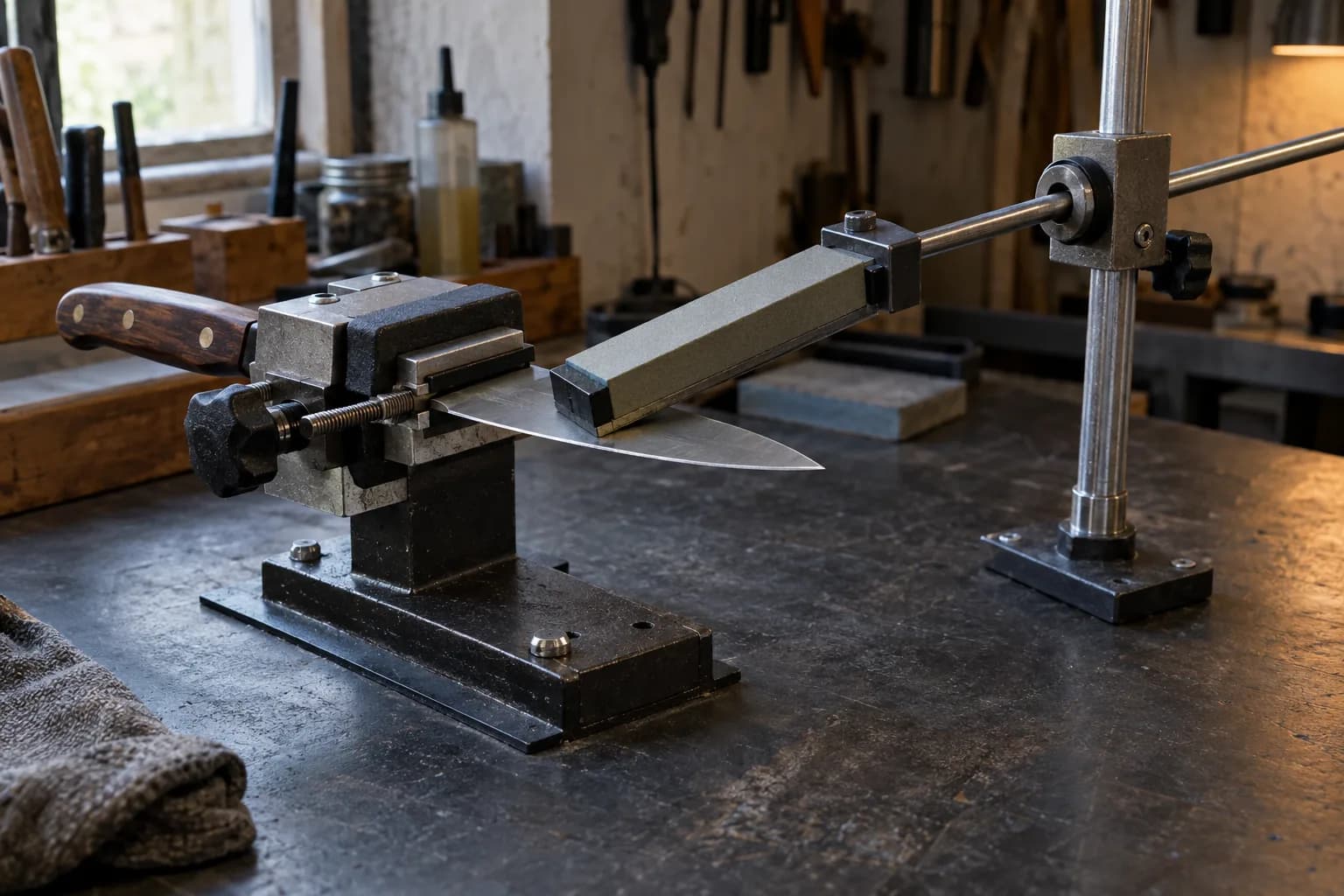 Knife clamped in a bench vise with a flat abrasive stone on a guide rod touching its edge, pivot post at right.