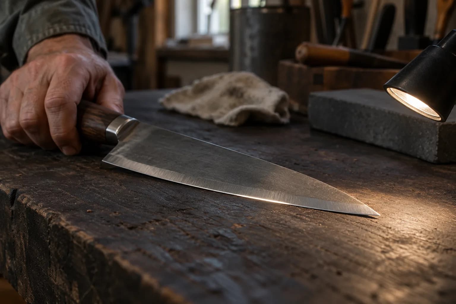 Kitchen knife on a dark bench, hand on the handle, a lamp raking a bright line along the edge bevel