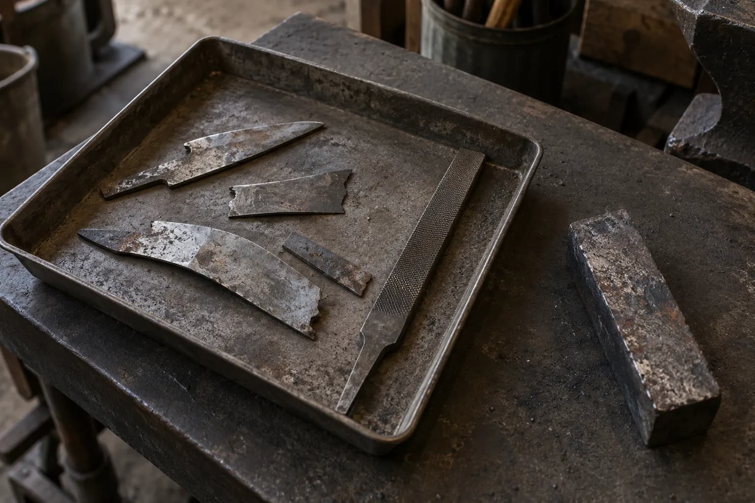 Rusty blade fragments and a worn file in a steel tray beside a solid forged steel billet on a dark bench.