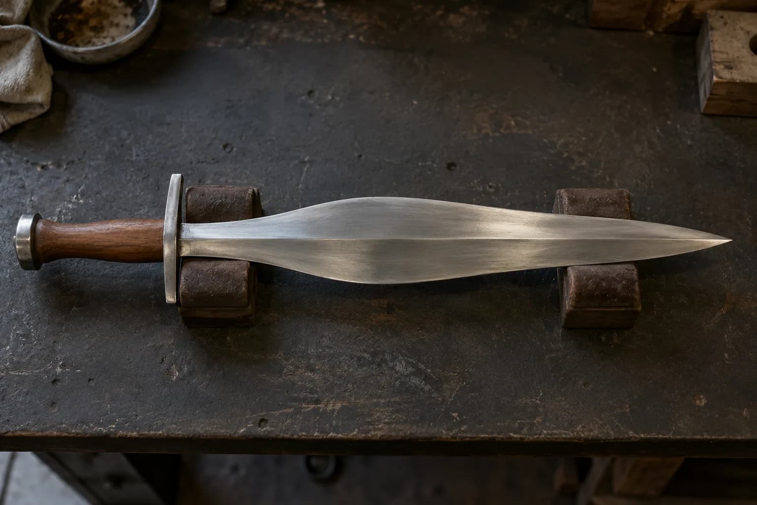 Leaf-shaped short sword with walnut grip and plain guard lying on two wood blocks, full blade profile visible.