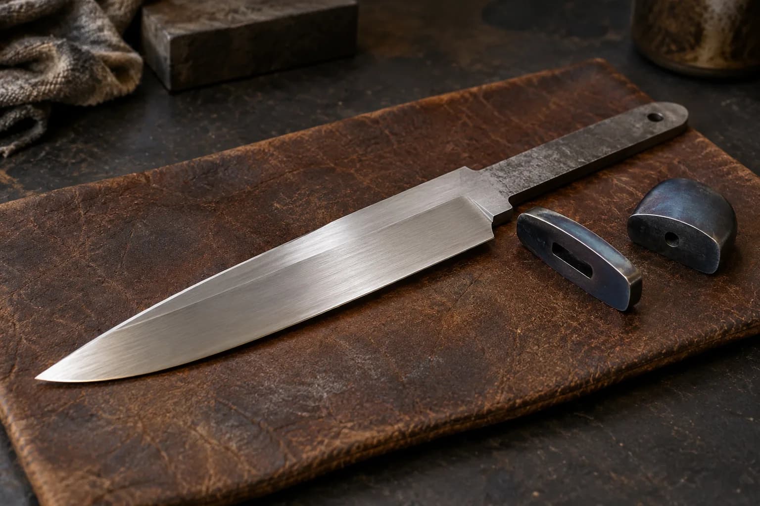 Bright steel knife blade on a leather pad beside a slotted guard and a pommel with blue-gray oxide color.