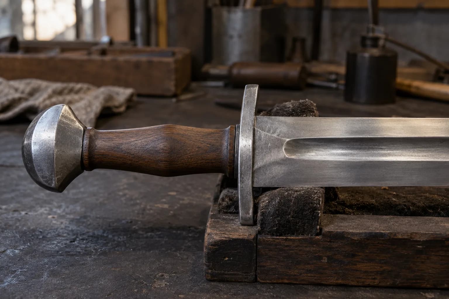 Plain sword hilt with oak grip, short steel guard and domed pommel, wide fuller on the blade, resting on a padded wooden cradle