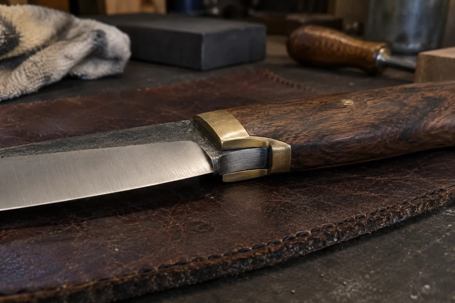 Brass bolster capping the front of a dark wood handle on a full-tang knife resting on stitched leather