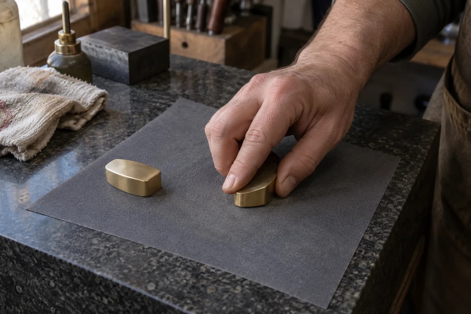 Hand lapping a brass bolster blank flat on abrasive paper over a granite surface plate, a second blank beside it