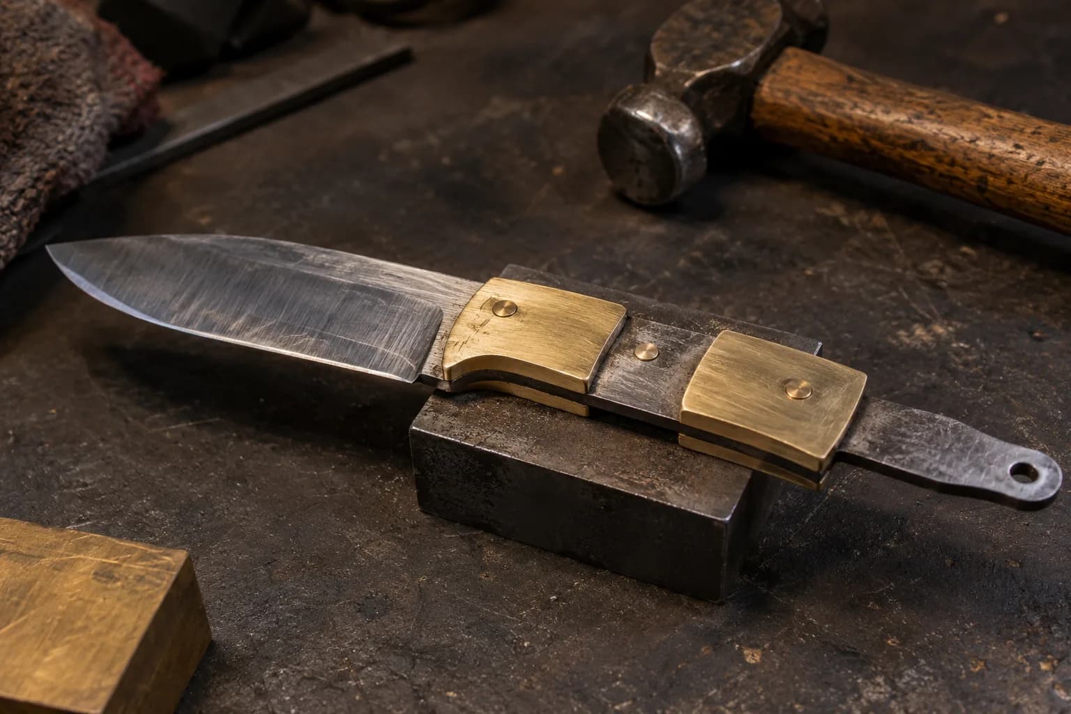 Brass bolster plates pinned to a full-tang blade lying on a steel block, pin heads slightly proud, hammer resting nearby