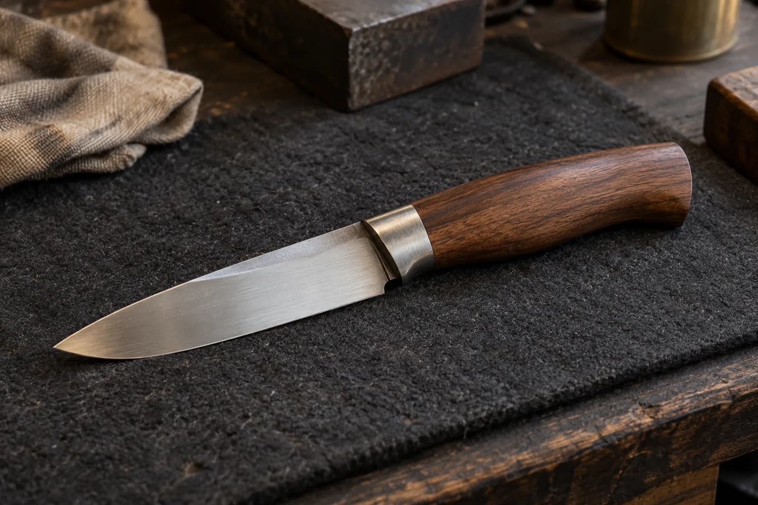Drop-point knife with a nickel-silver collar bolster and walnut handle lying on dark felt in a workshop.