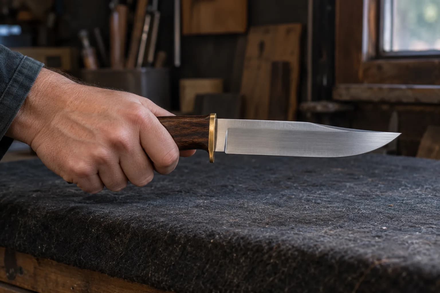 Hand holds a hunting knife level above a felt-covered bench, fingers behind a brass crosspiece guard.