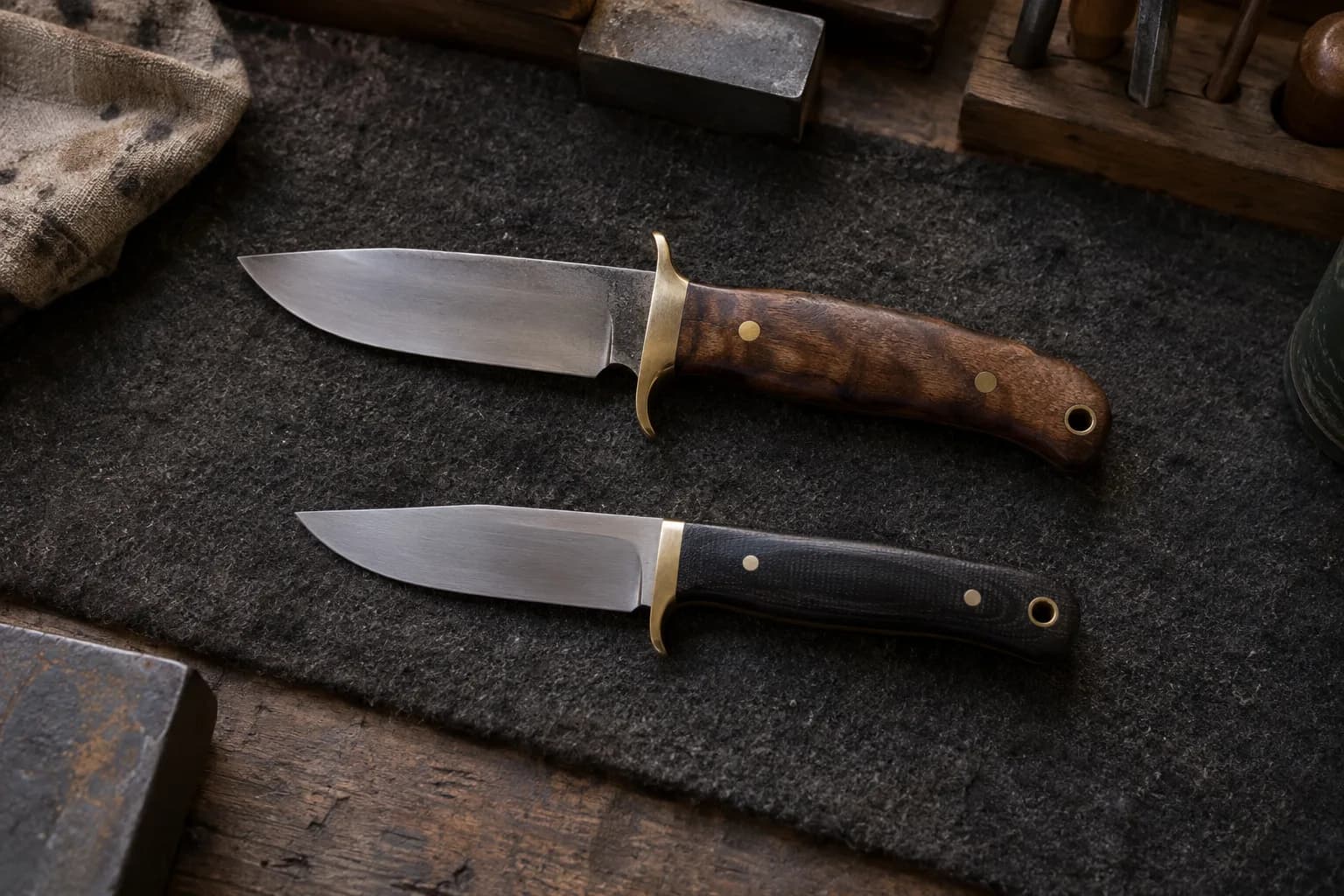 Two knives on dark felt: one with a brass guard on both sides of the blade, one with a guard on the edge side only.