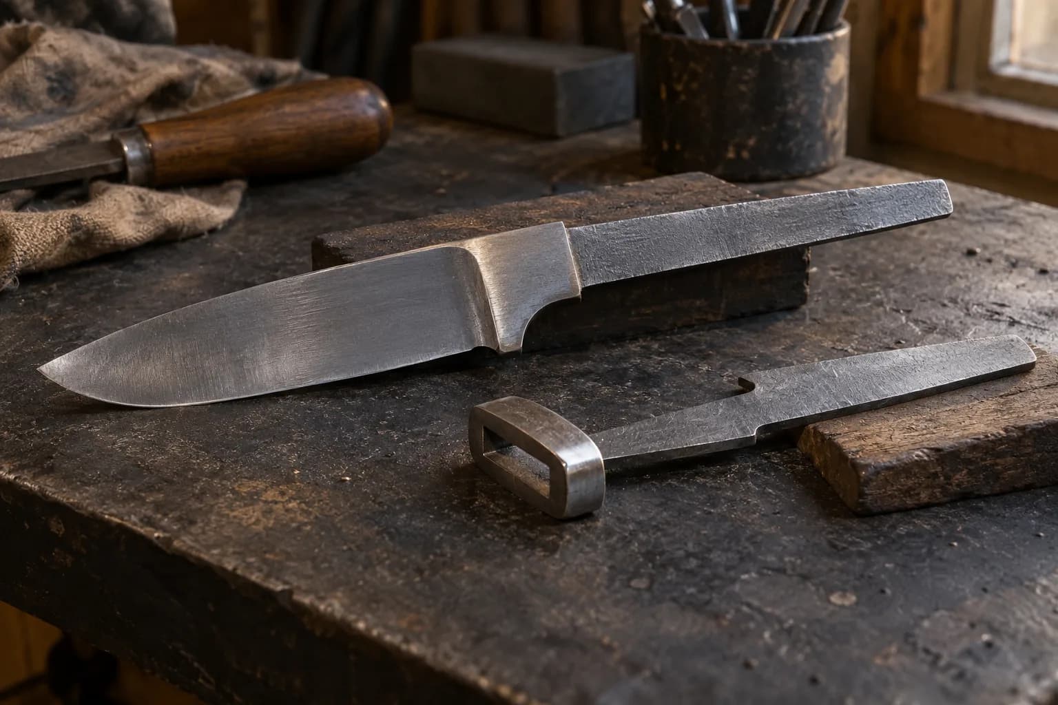 Integral bolster blank beside a separate slotted steel collar and a plain tang blank on a dark workbench.