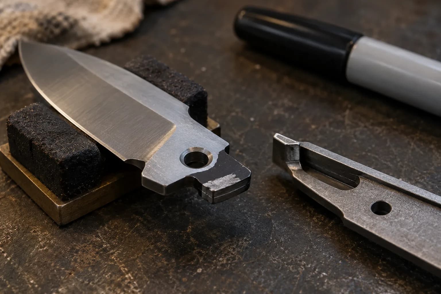 Disassembled folder blade on foam blocks with a dark marker-coated tang lock face and a bare contact patch, liner and marker beside it