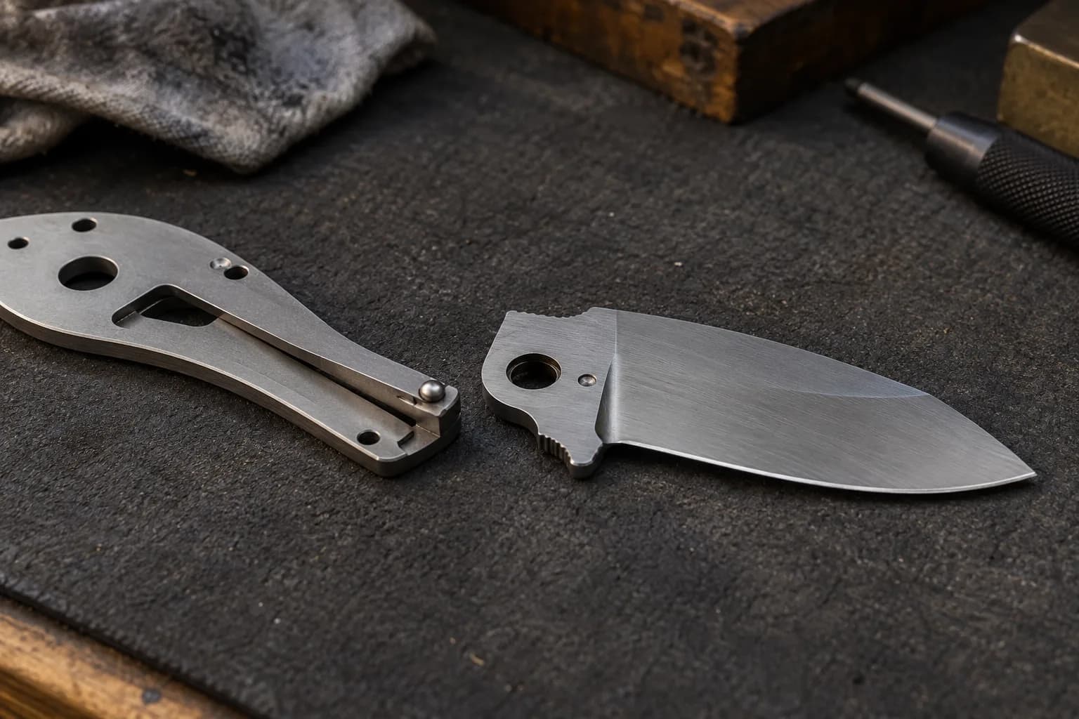 Liner with a small detent ball at the lockbar end beside a blade tang showing a pivot hole and a small shallow detent seat