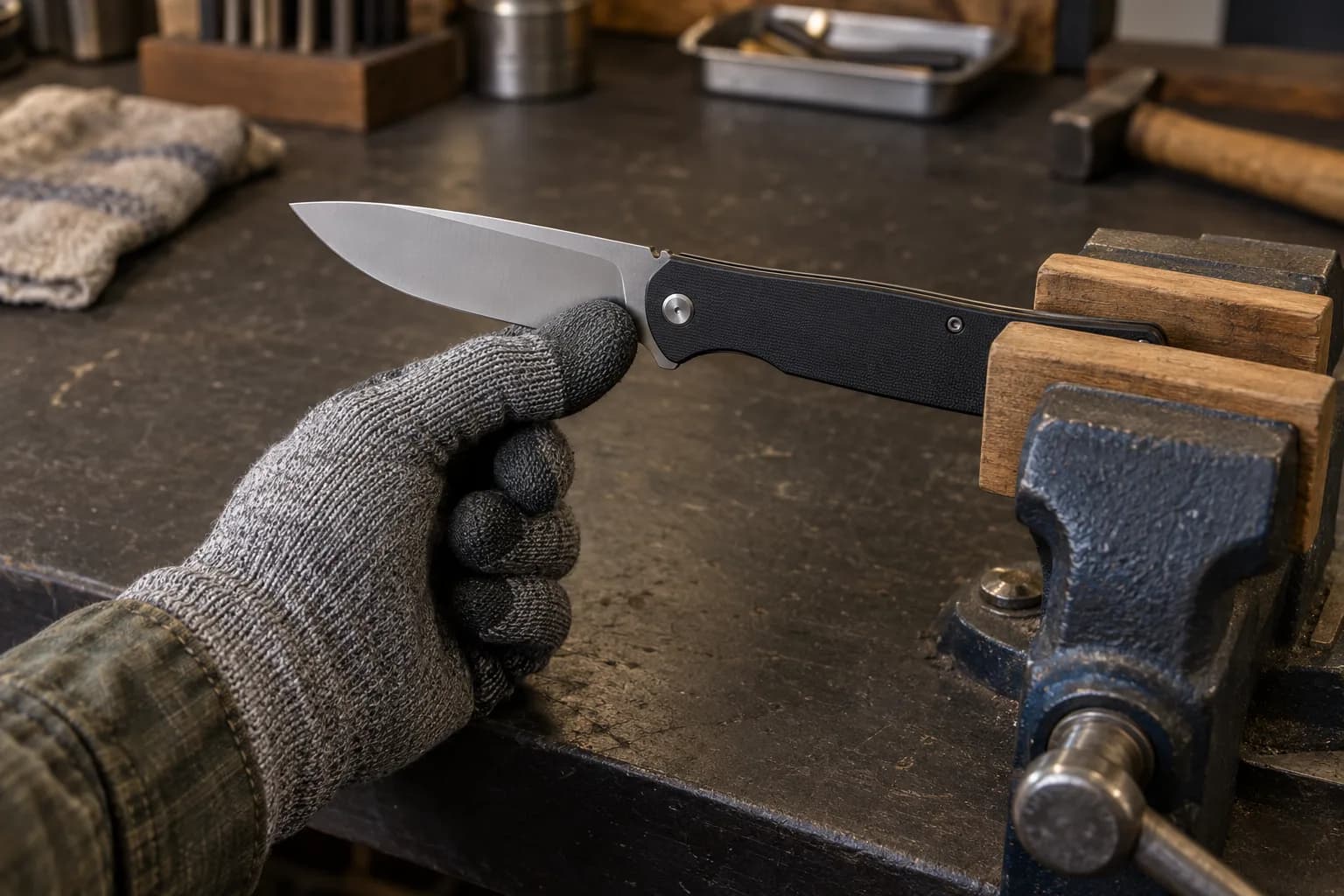 Gloved hand pinches the blade root of an open black-handled folder while wooden-jawed bench vise clamps the handle.