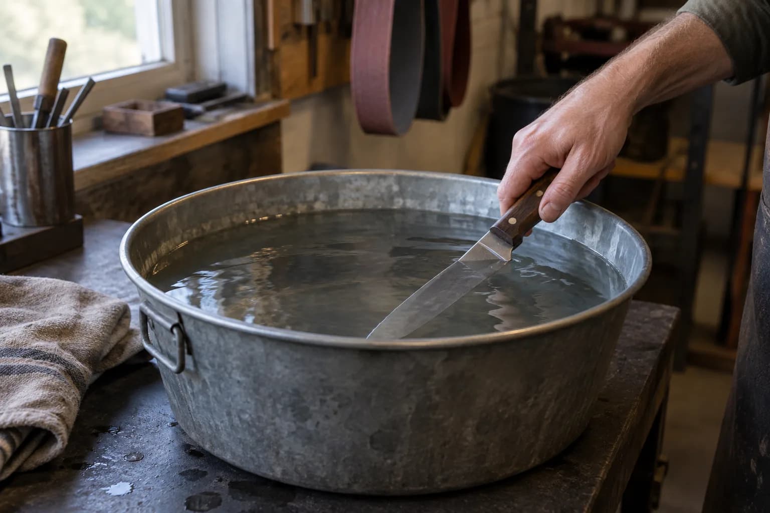 Hand lowering a knife by its wooden handle into a round galvanized water tub, blade submerged, belts hanging behind.