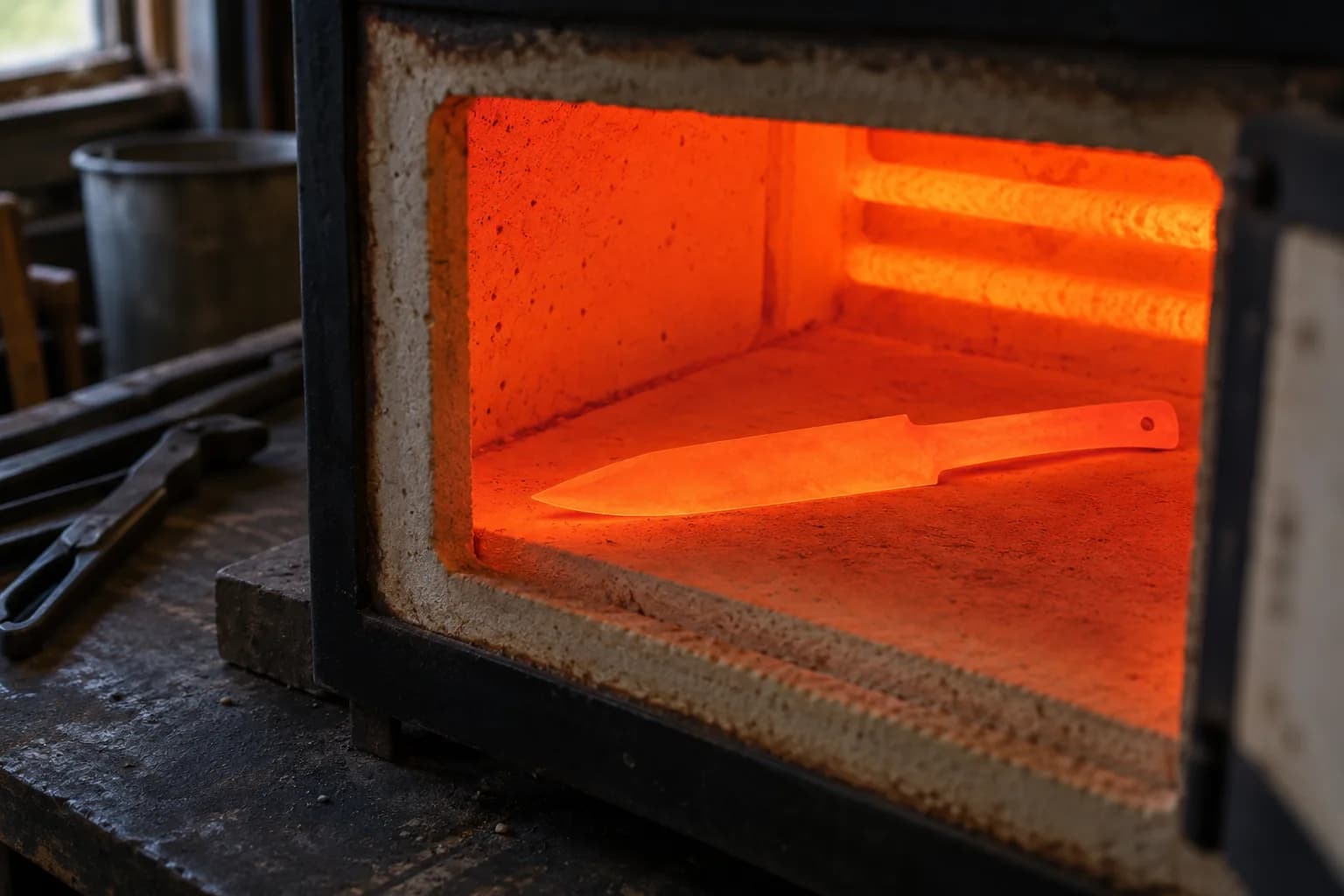 Plain knife blank glowing orange-red, lying flat on the floor of an open heat-treat kiln, tongs on the bench beside it