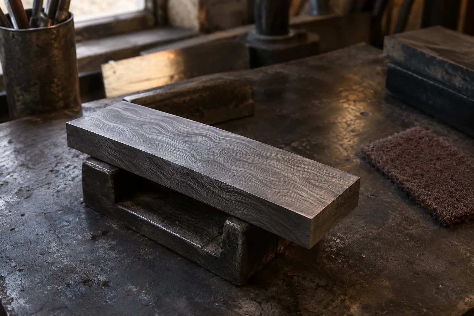 Surface-ground rectangular Damascus billet resting on an iron bench cradle beside a maroon abrasive pad.