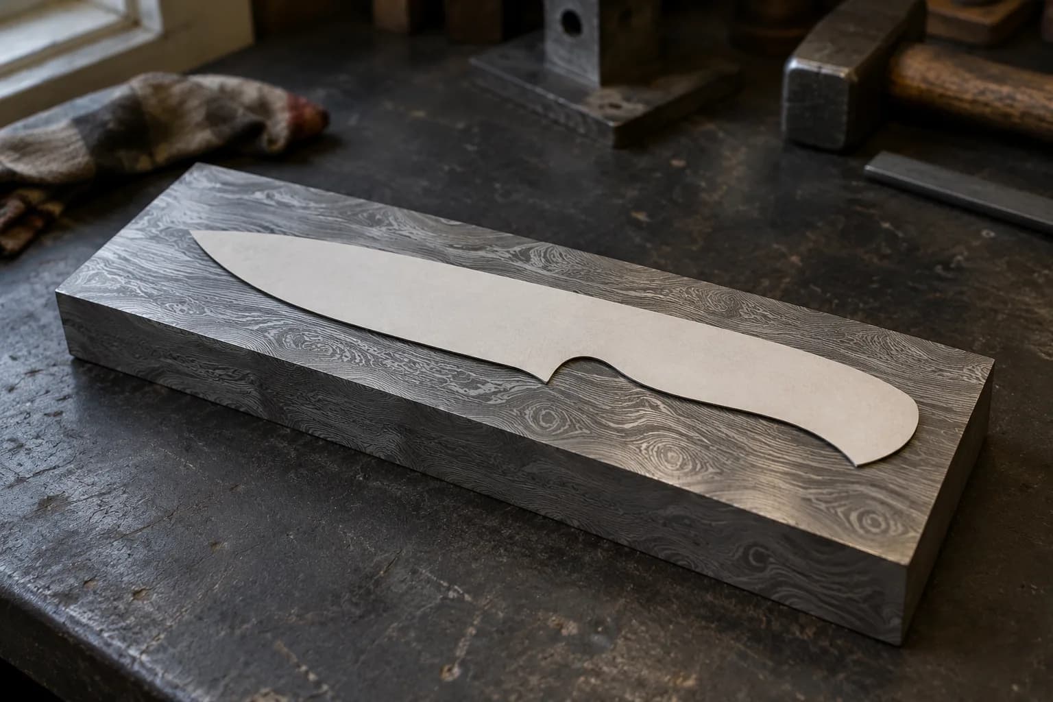 Plain knife-shaped template lying on a larger ground Damascus billet with spare stock around it, on a dark shop bench