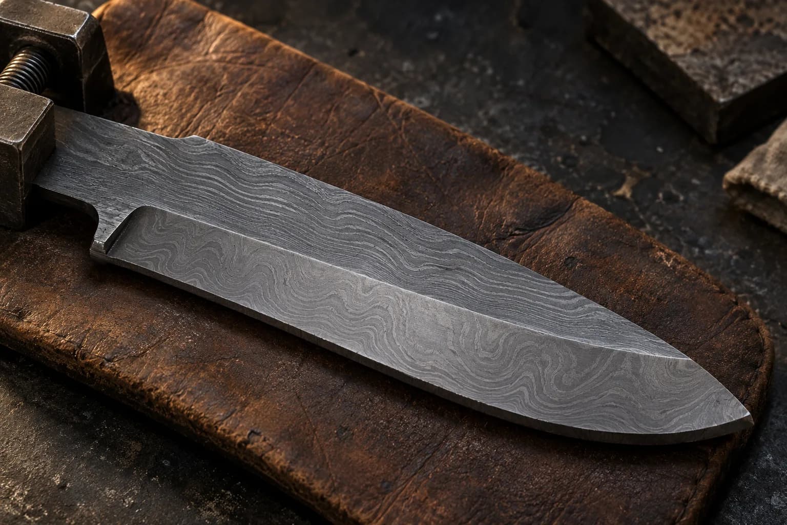 Partly ground Damascus blade blank on a leather pad, fine pattern on the flat widening across the angled bevel.
