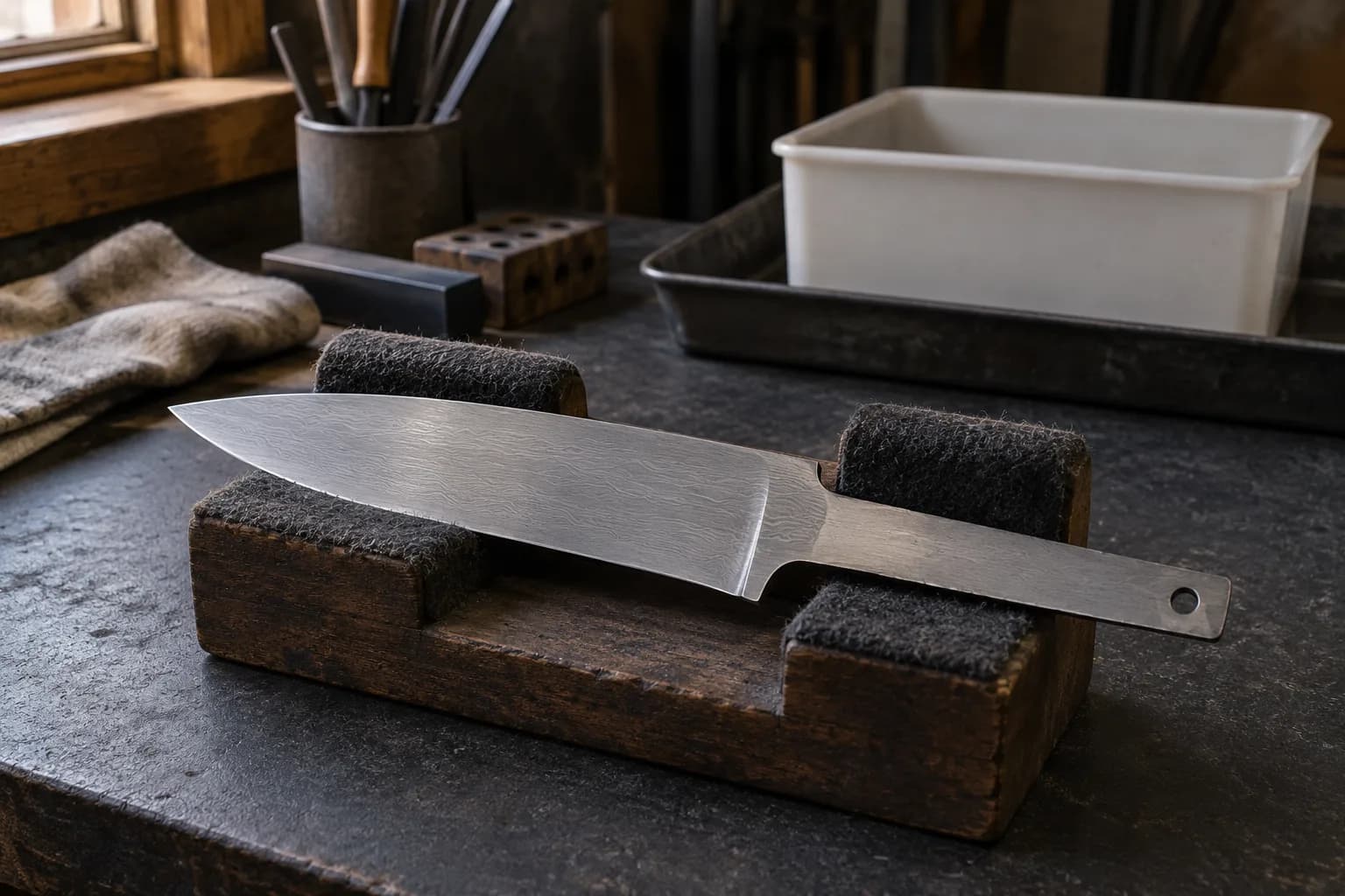 Unetched satin Damascus blade blank with faint layers on a felt-lined wooden cradle, dry plastic tub behind.