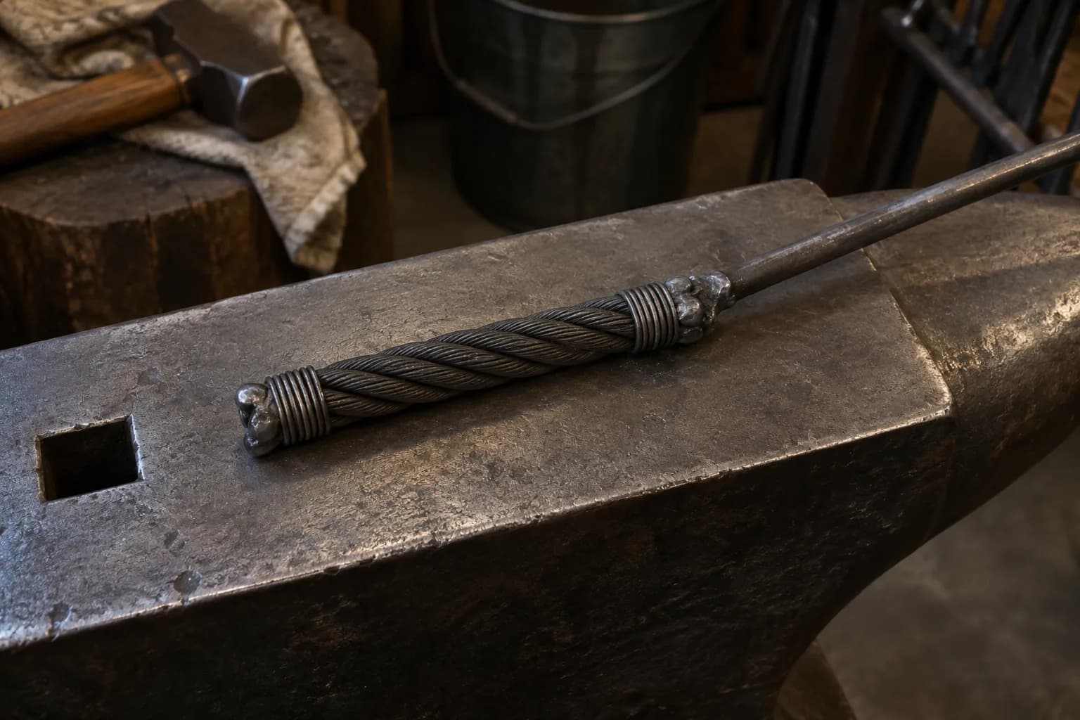 Dark wire-rope section on an anvil with wire-wrapped ends, welded tips and a handling rod attached to one end.