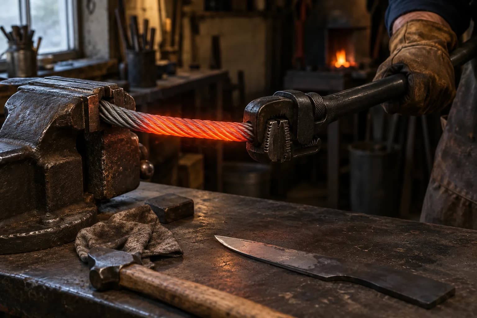 Glowing red wire rope clamped in a bench vise, gripped at the far end by a pipe wrench held by a gloved hand.