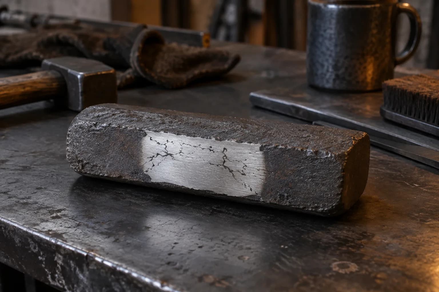 Cold rough cable billet on a steel bench with a bright ground window showing small dark branching weld gaps.