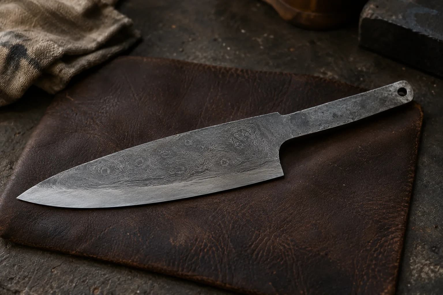 Etched cable damascus knife blank on brown leather, wire-end ring clusters and flowing grain above a plain ground bevel