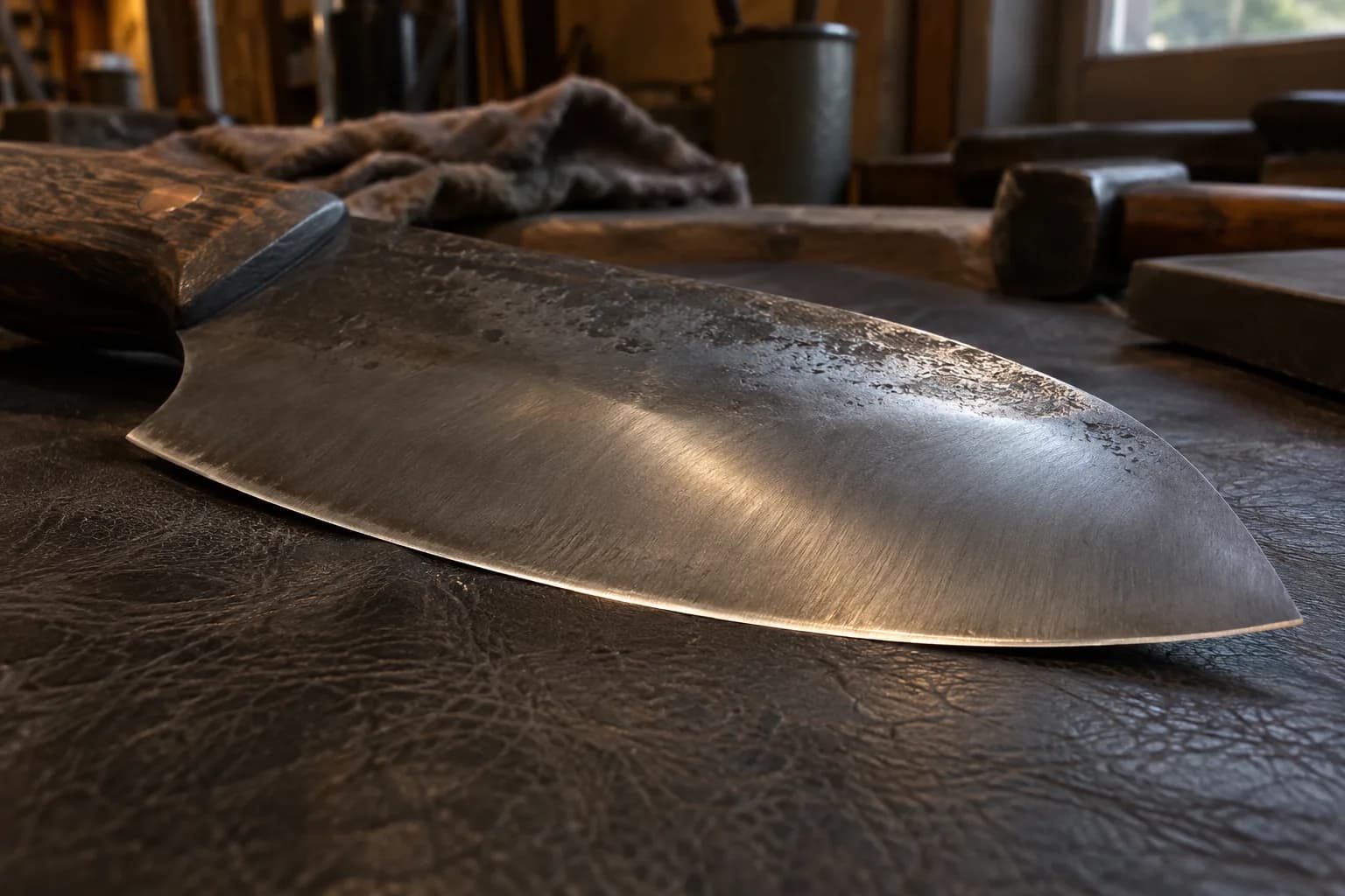 Broad hand-ground blade lying flat on dark leather, with a bright continuous edge and a highlight rolling across the curved cheek.