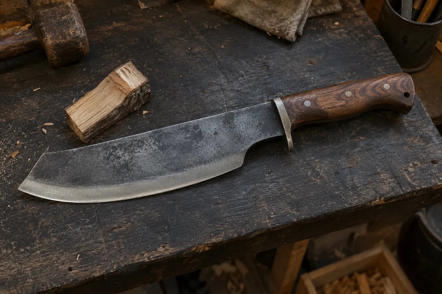 Broad-bellied chopper with pinned wood handle and steel guard lying flat on a dark bench beside a hardwood offcut