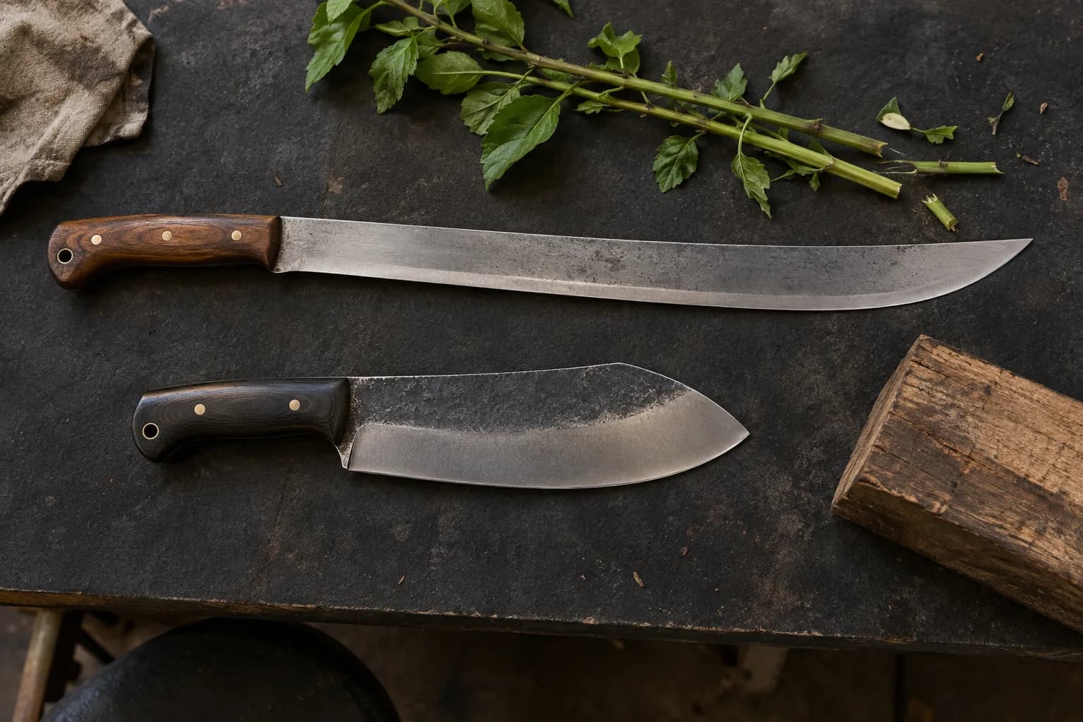 Long thin machete and a shorter broad chopper side by side on a dark bench with green stems and a hardwood block
