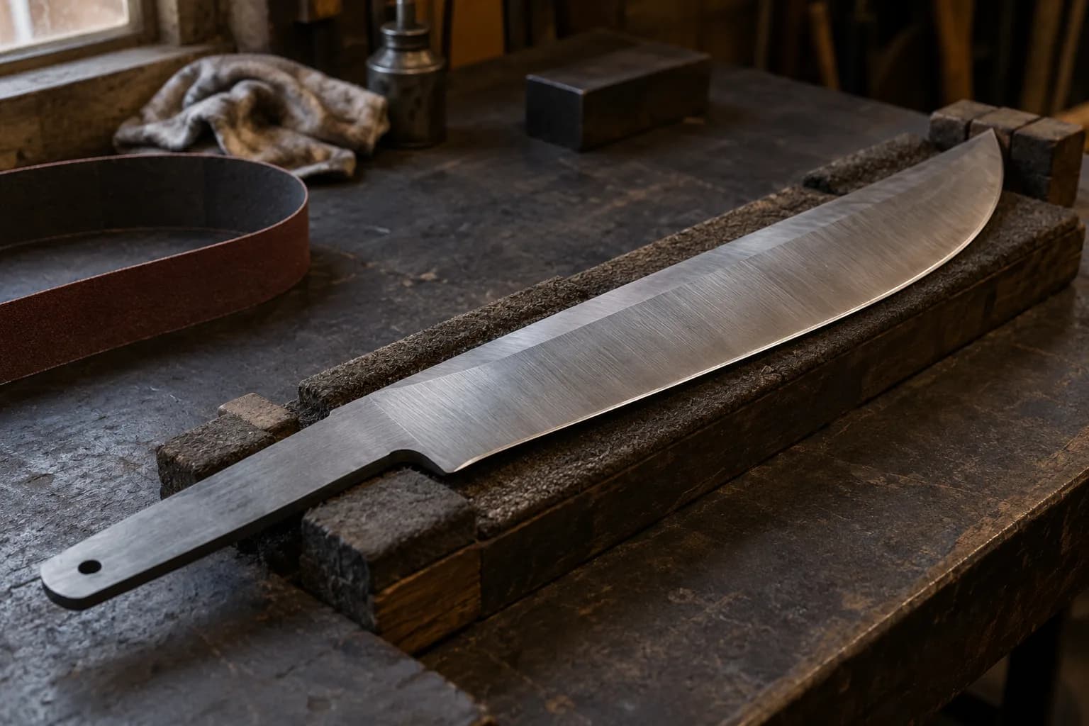 Long unhandled chopper blank with brushed overlapping grind scratches resting on a padded bench fixture beside a sanding belt.