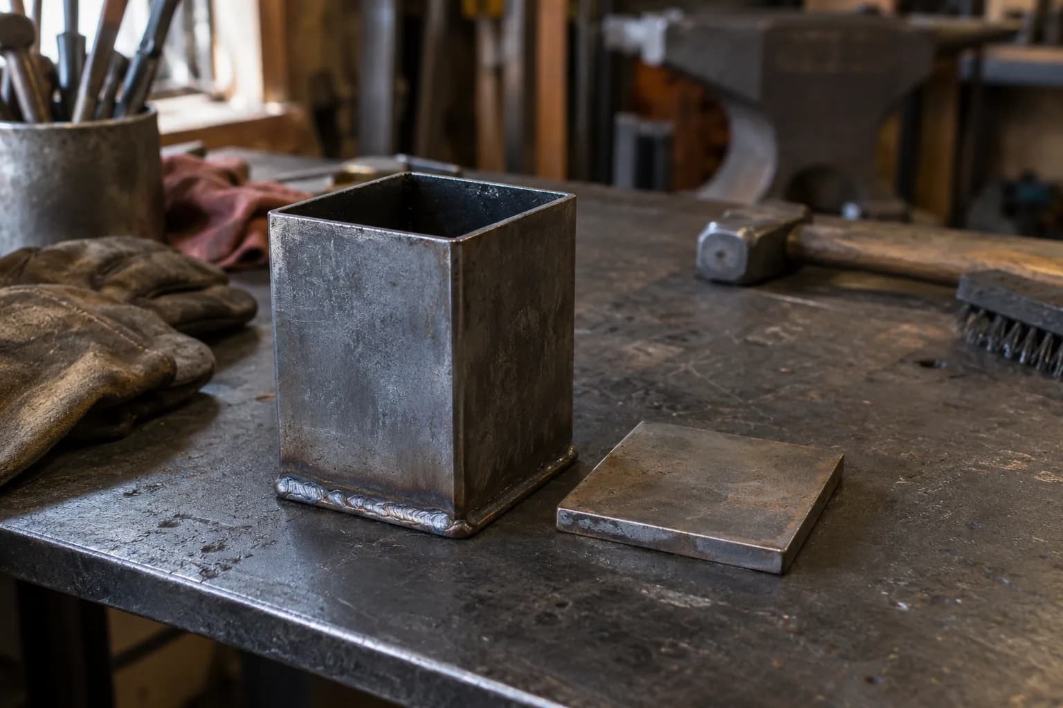 Empty square steel canister with a welded bottom seam on a worn steel bench, its flat lid beside it, gloves and an anvil behind.