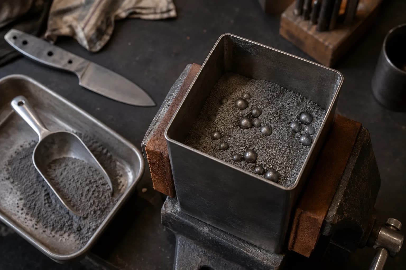 Steel balls half buried in fine gray steel powder inside an open square can held in a padded vise, with a scoop in a tray.