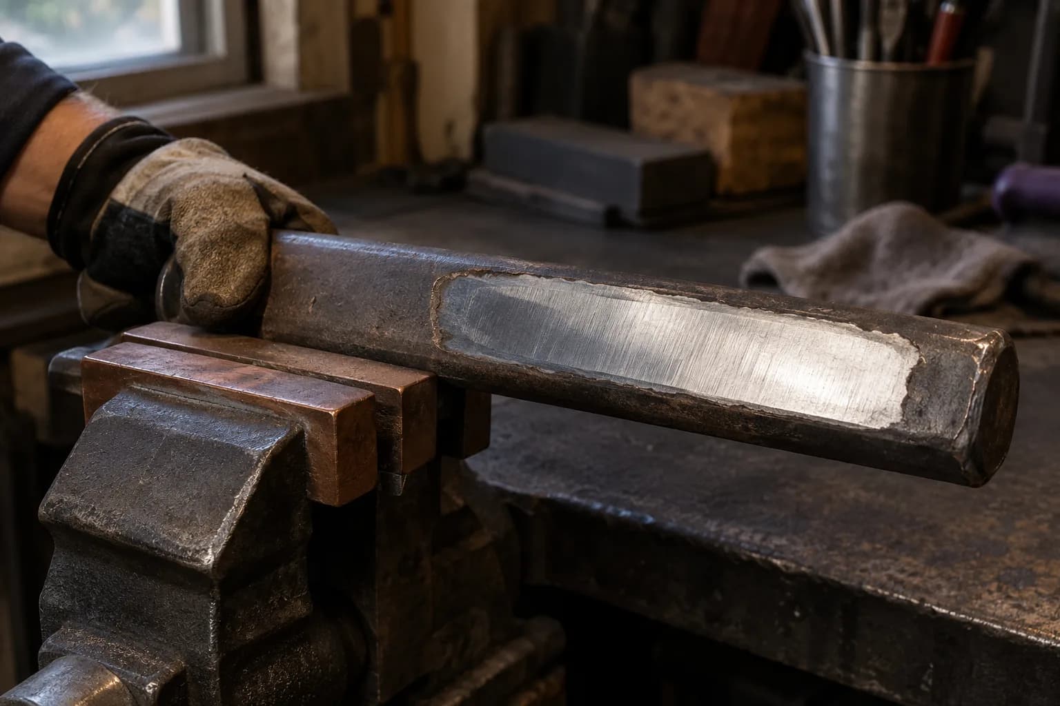 Cooled steel bar clamped in a vise with copper soft jaws, a bright ground patch cut through its dark outer shell.
