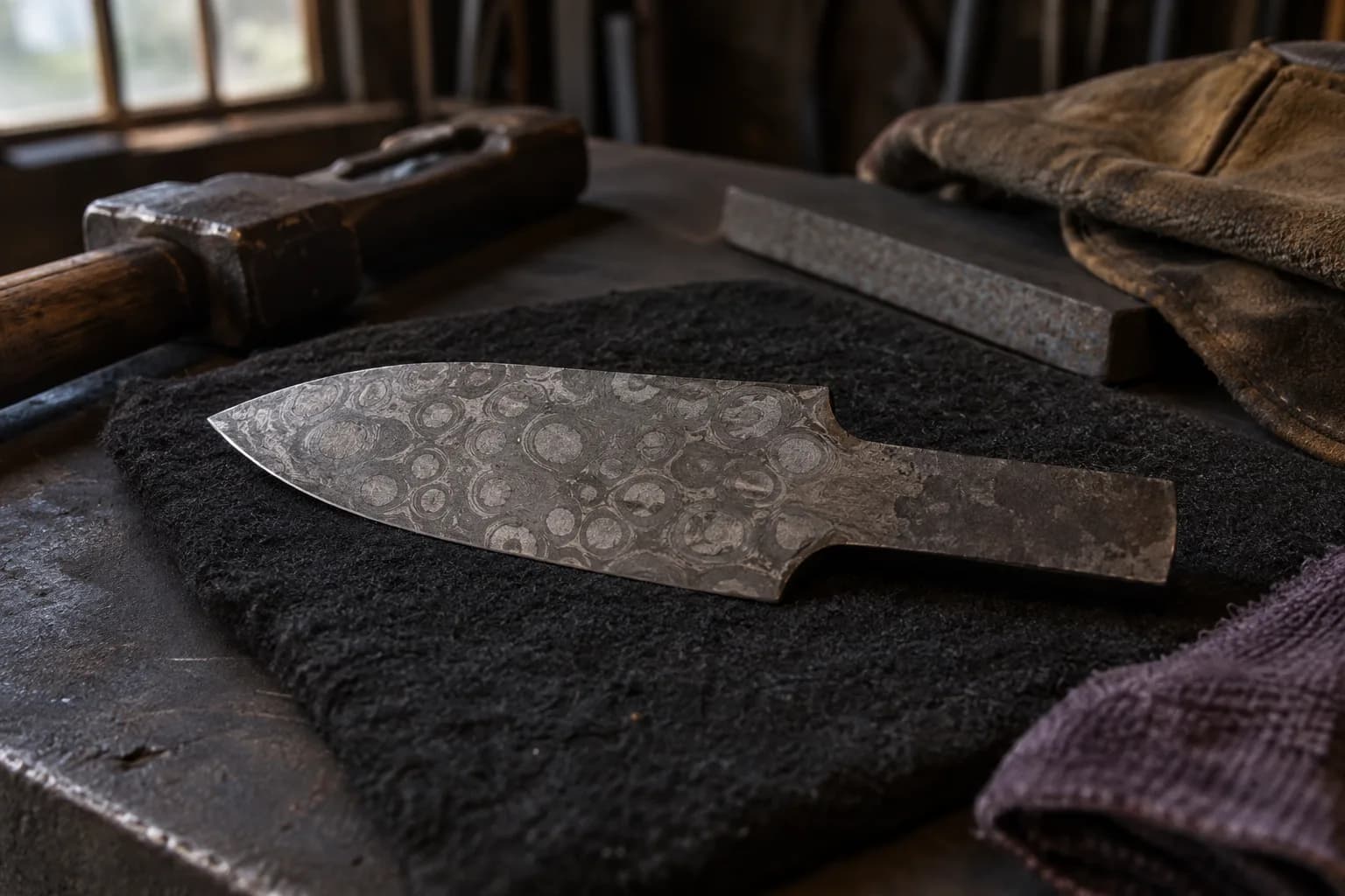 Short etched blade with a plain tang resting on black felt, covered in pale ringed circles set in a dark steel matrix.