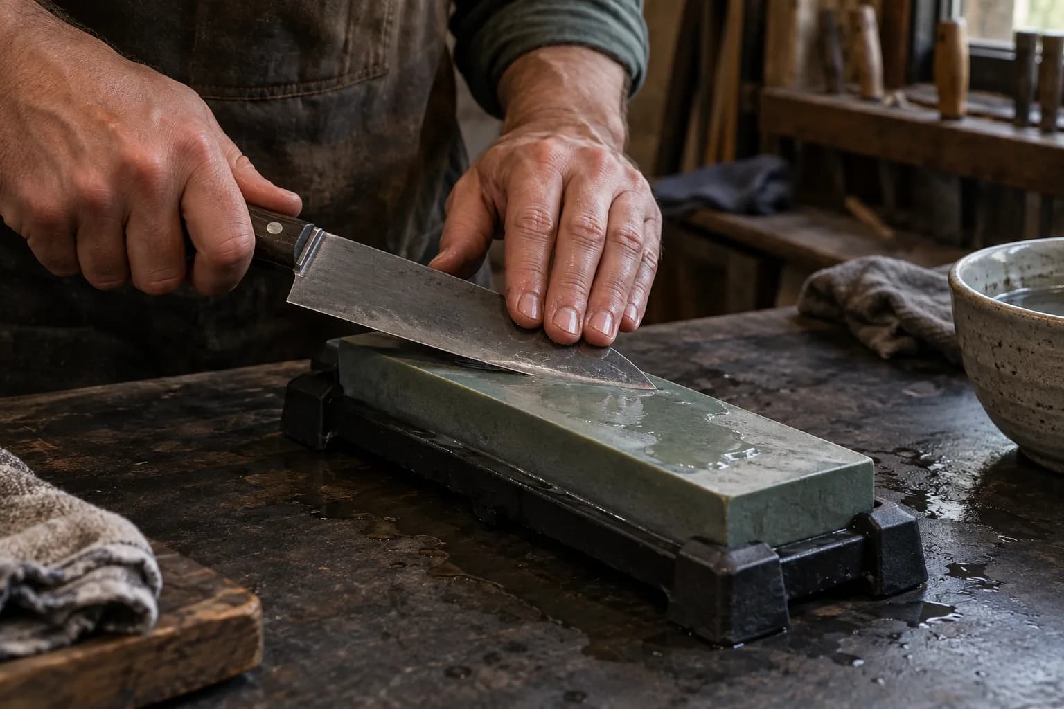 Hands holding a knife bevel on a wet bench stone in a black nonslip holder, with a water bowl and cloths nearby