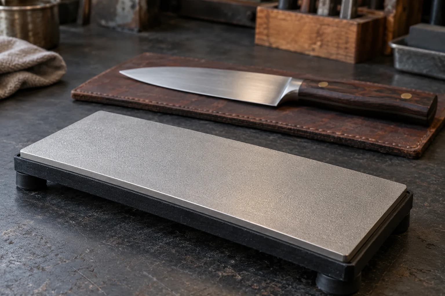 Fine-grained diamond sharpening plate in a rubber-footed holder with a chef's knife resting on a leather pad behind