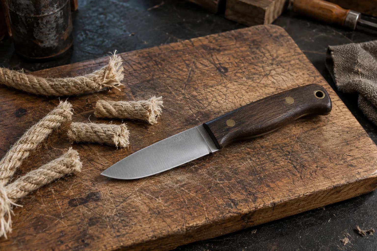 Drop-point utility knife with a dark wood handle on a worn cutting board beside cut, frayed lengths of rope